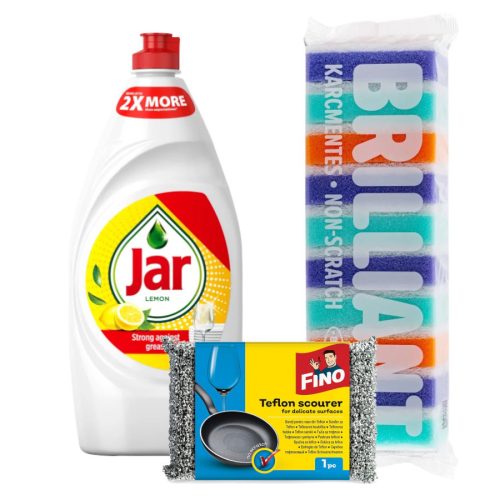 Mosogatás csomag – Jar Citrom 900 ml + Fino Teflon súroló + Brillant prémium szivacs (10 db)
