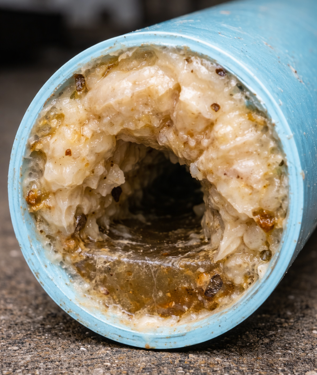 Zsíros lerakódású lefolyócső metszete